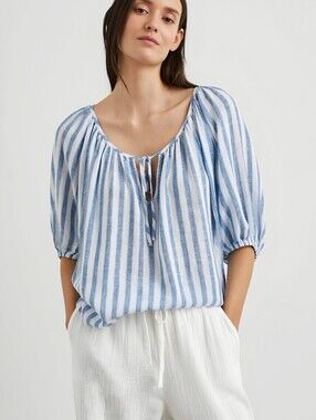 Rails Linen Blend Blue White Striped Kirstie Top, M
